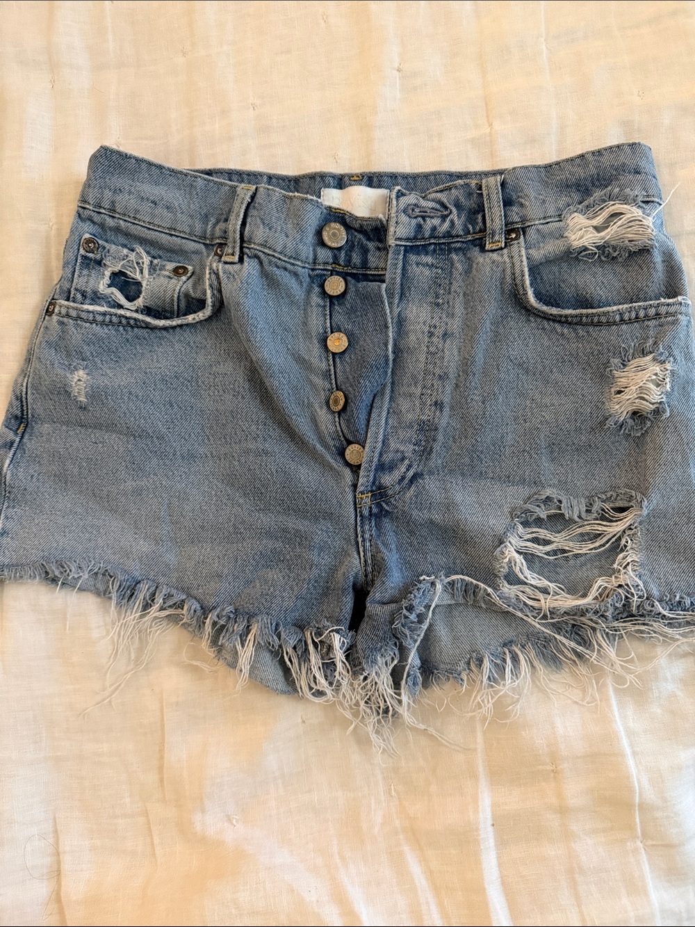 Boyish Light Blue Distressed Button-Fly Jean Shorts